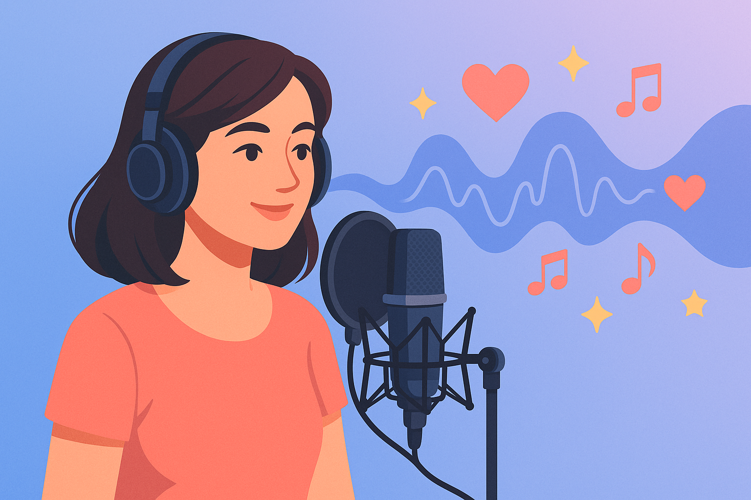 Locutora profesional grabando en estudio con ondas de sonido que simbolizan emoción y conexión.