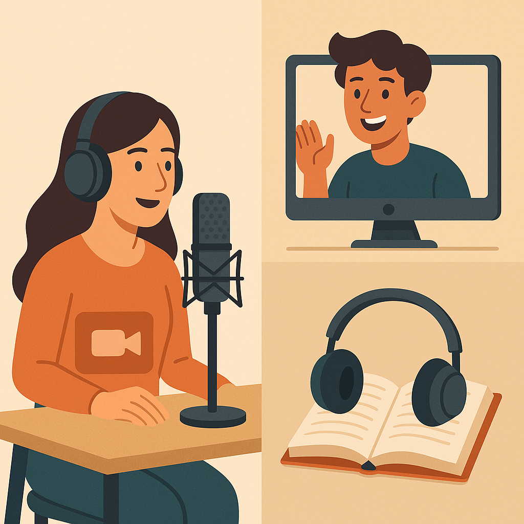 lustración de locutora realizando doblaje, publicidad y narración de audiolibros en diferentes entornos.