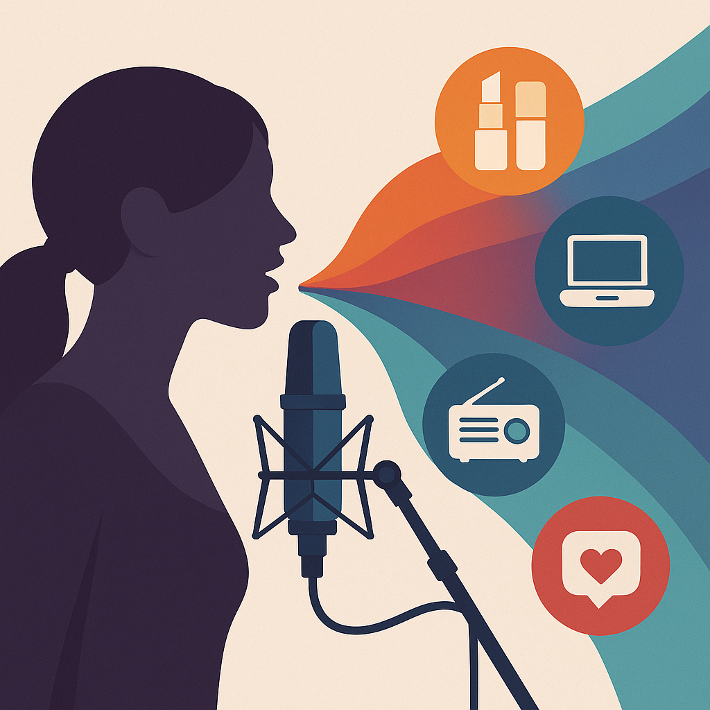 Micrófono de estudio con ondas sonoras que se transforman en emociones visuales. 