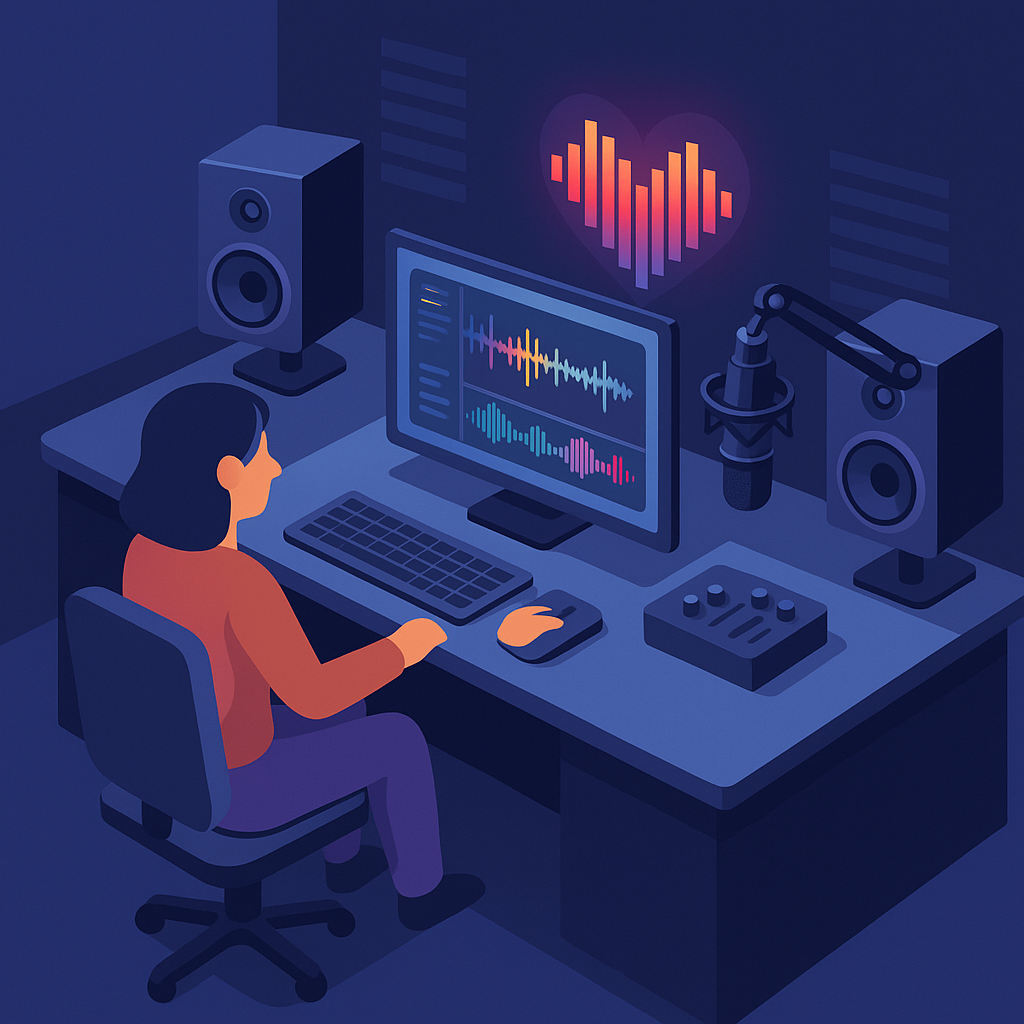 Estudio de grabación donde una onda de sonido forma un corazón en el aire.