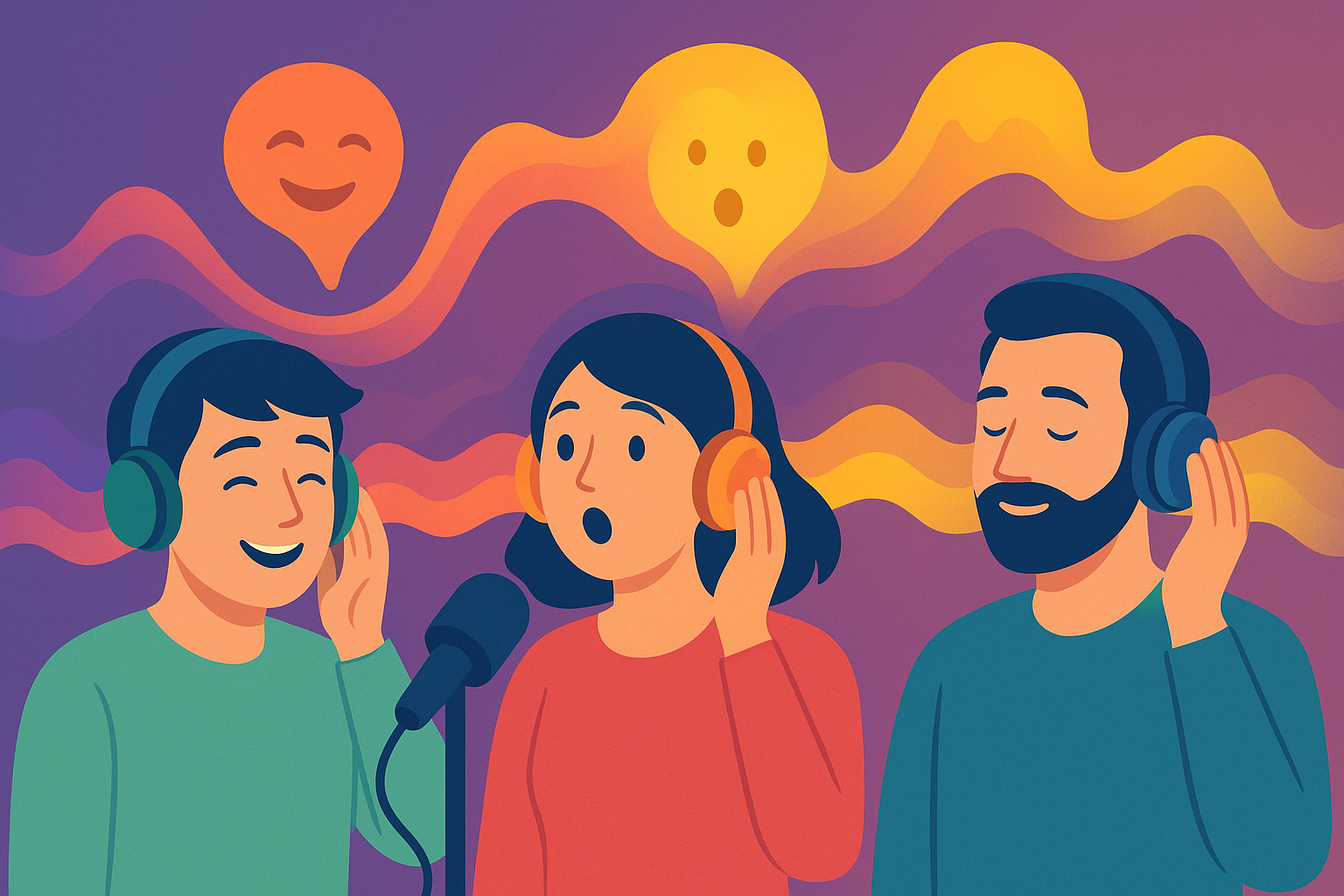 Personas con auriculares recibiendo ondas sonoras que despiertan emociones y colores. 