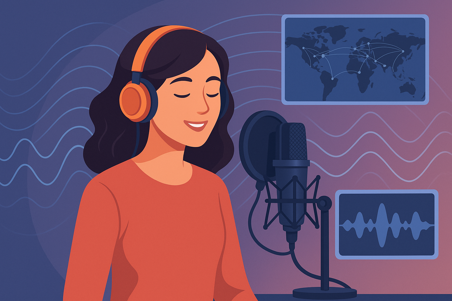 Locutora profesional grabando en estudio con conexión global y ondas de sonido.