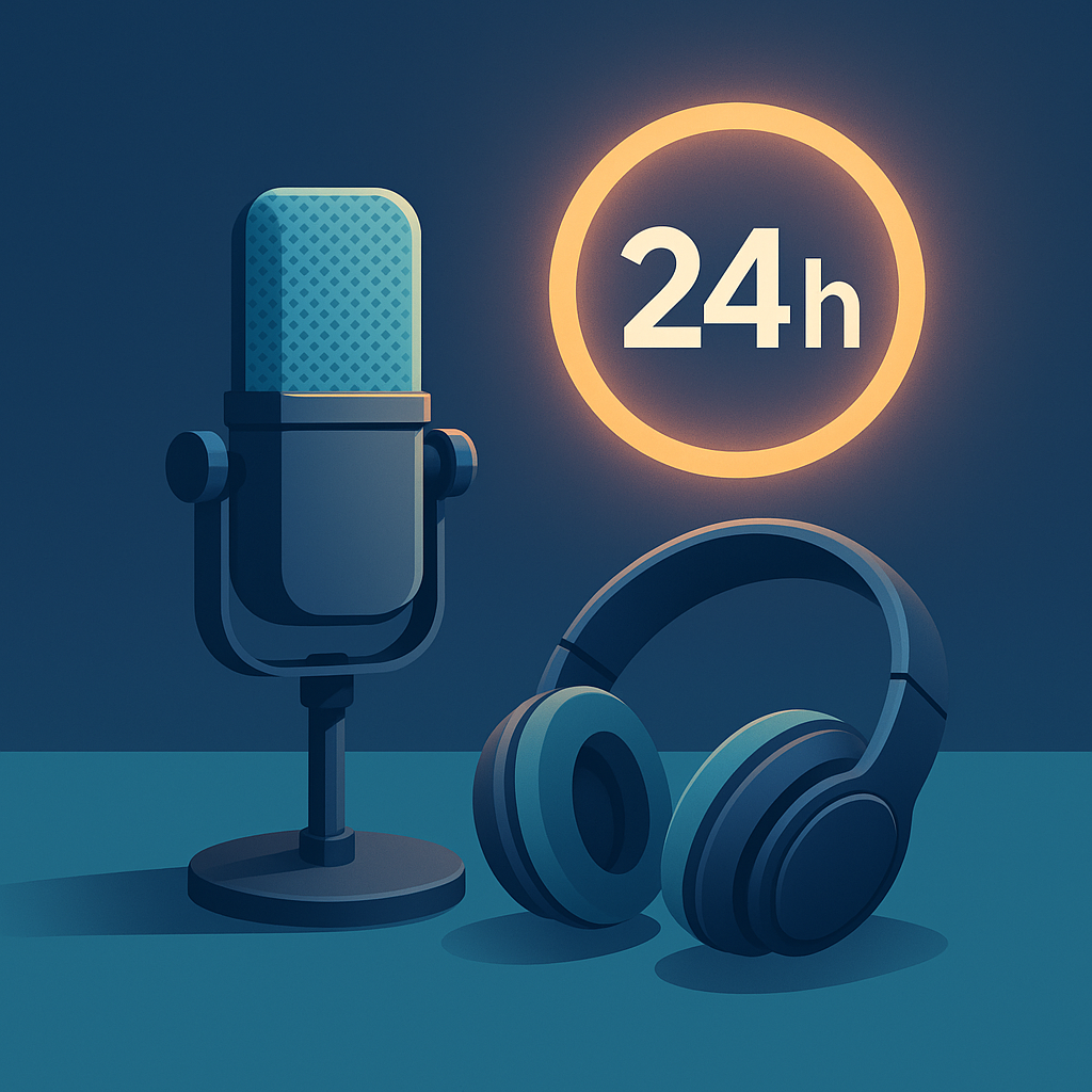 Micrófono de estudio con reloj iluminado que simboliza entrega rápida de locución.