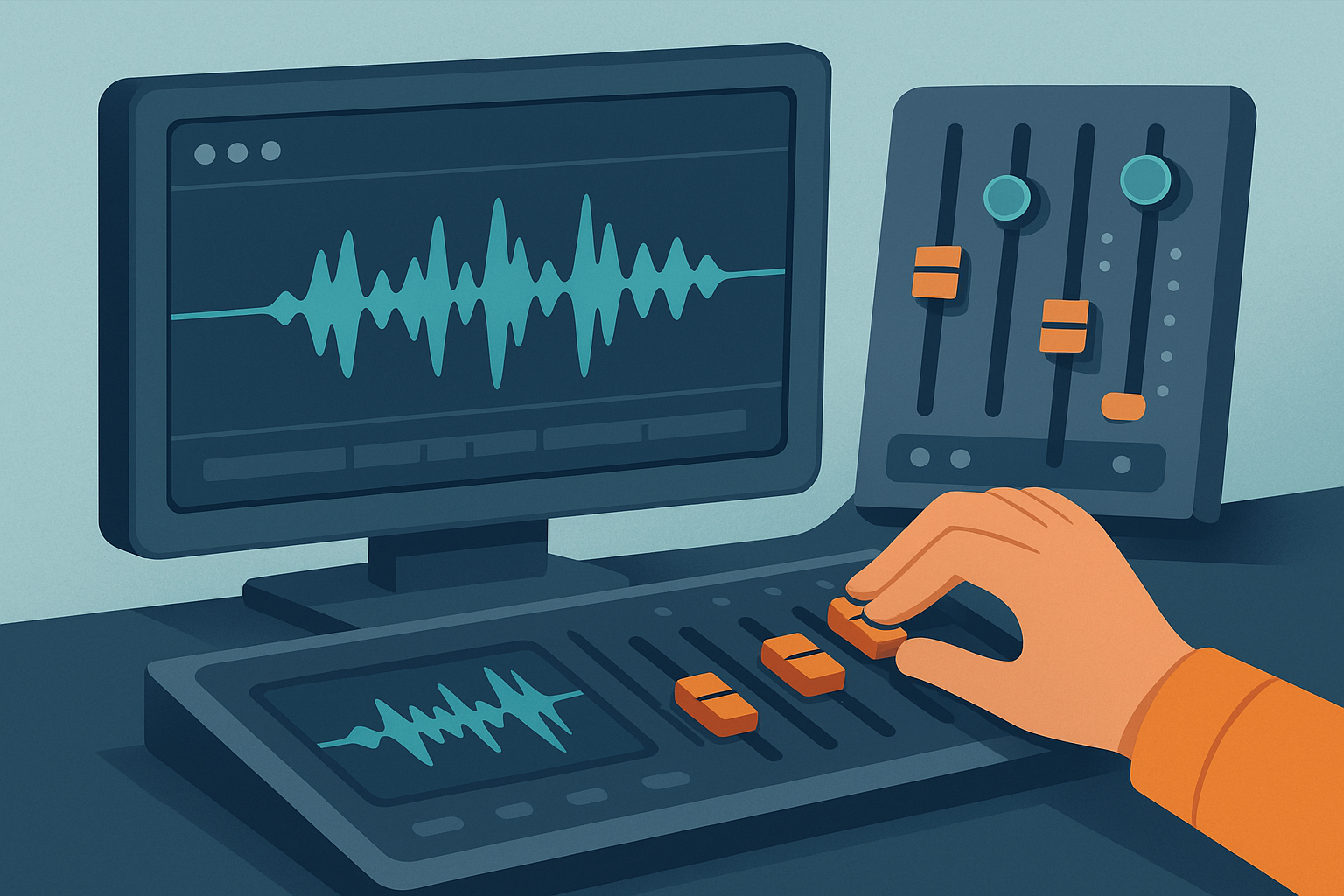 Mano ajustando consola de audio con forma de onda en pantalla.