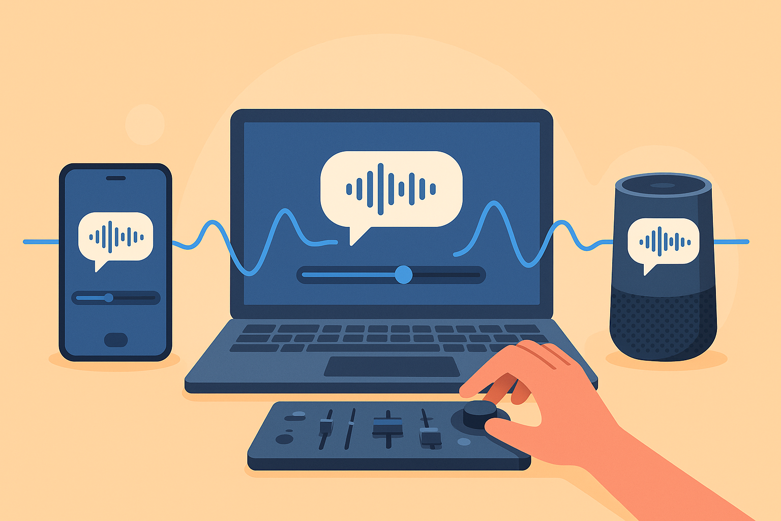Onda de voz conectando varios dispositivos digitales con sonido sincronizado.