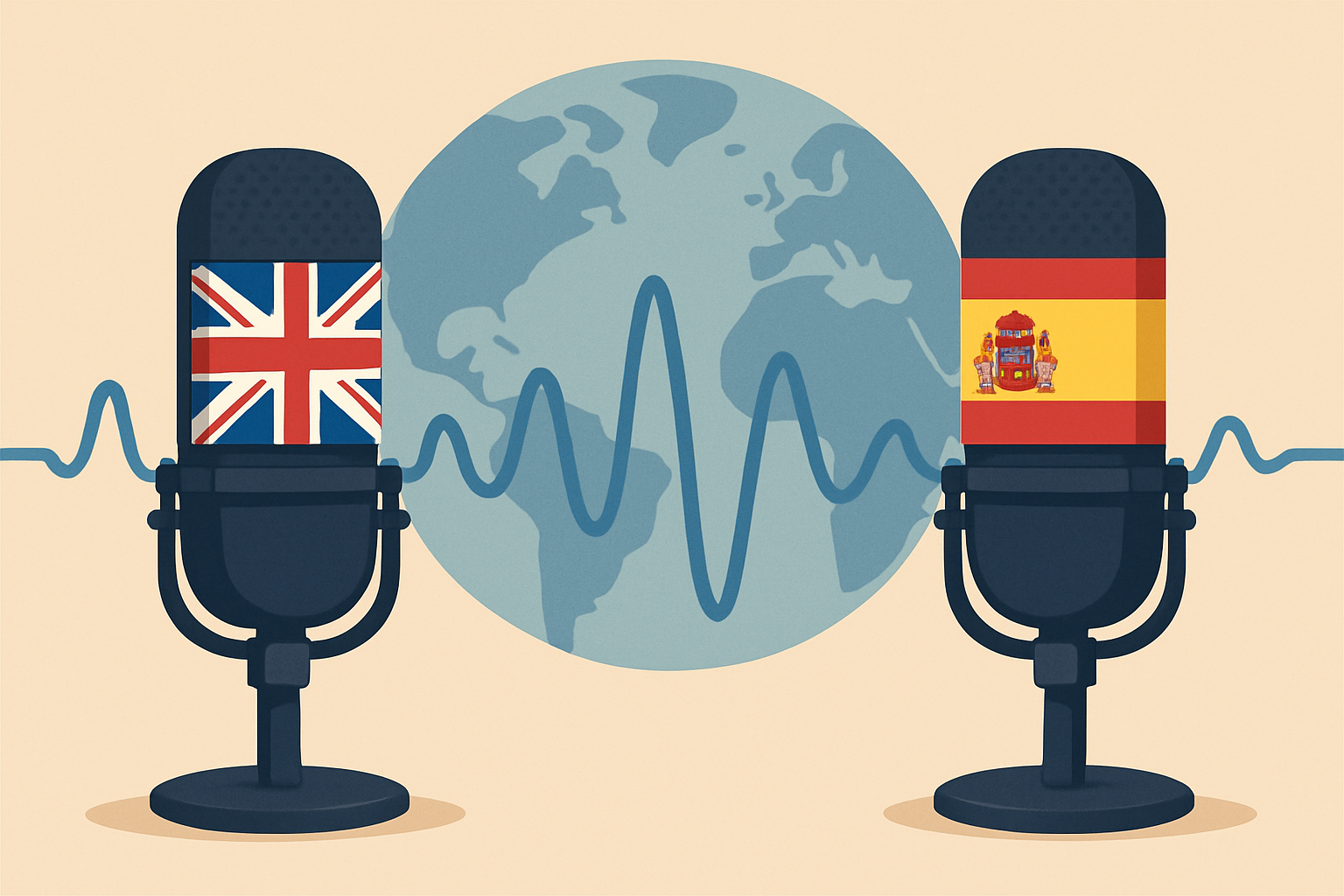 Micrófonos con banderas británica y española unidos por una misma onda sonora.