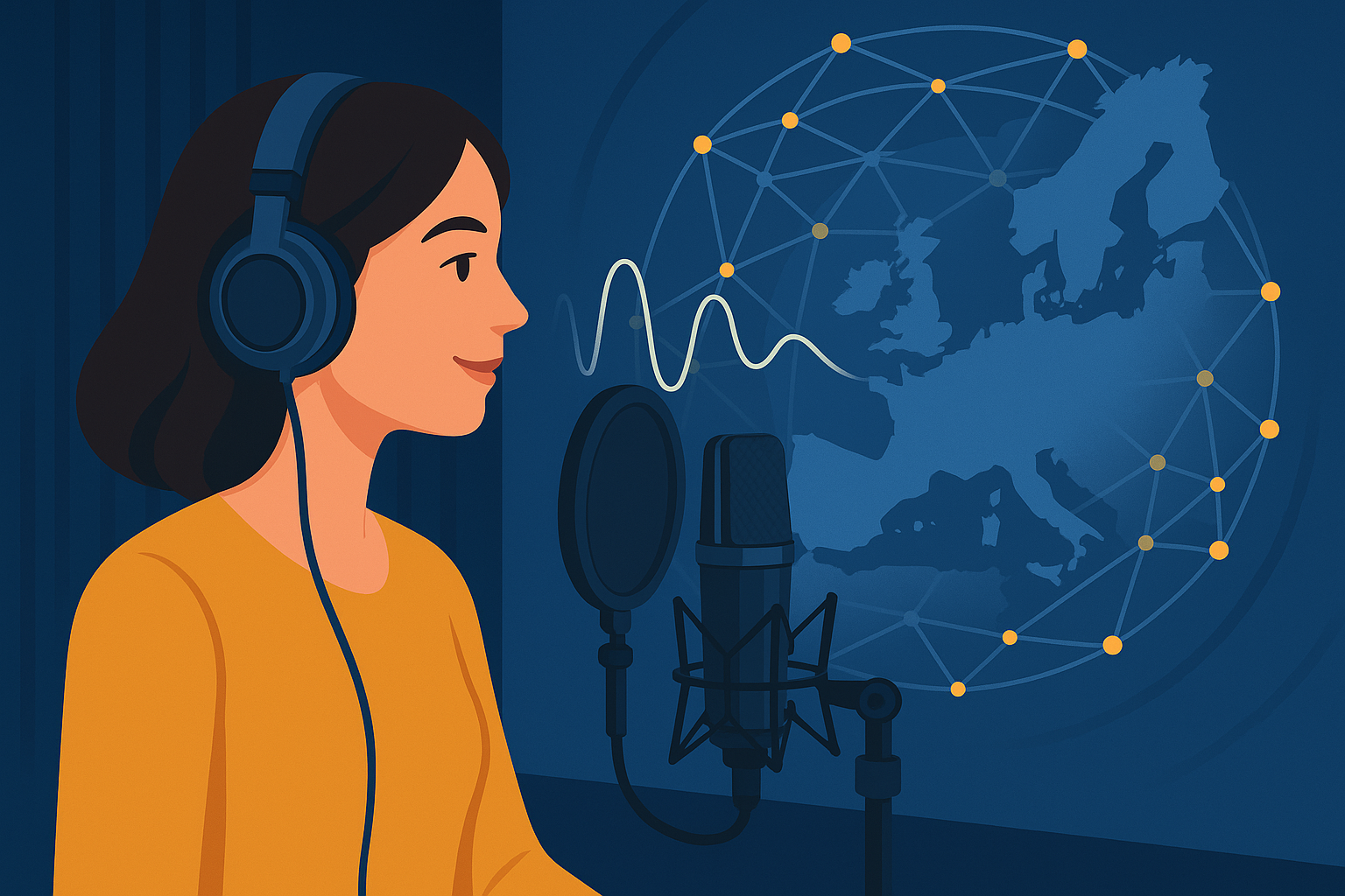 Locutora profesional grabando en estudio con conexión global simbolizada por ondas de voz y mapa de Europa.