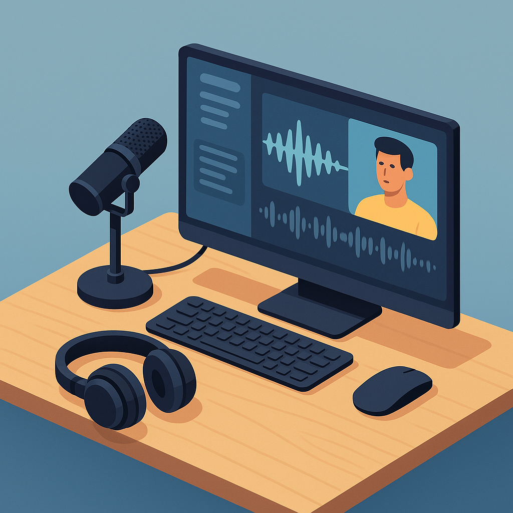 Estudio de grabación digital con micrófono y cliente remoto conectado por videollamada.