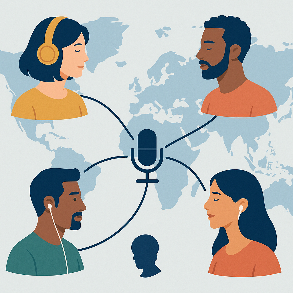Personas de distintos países conectadas por la misma voz proveniente de un micrófono central.